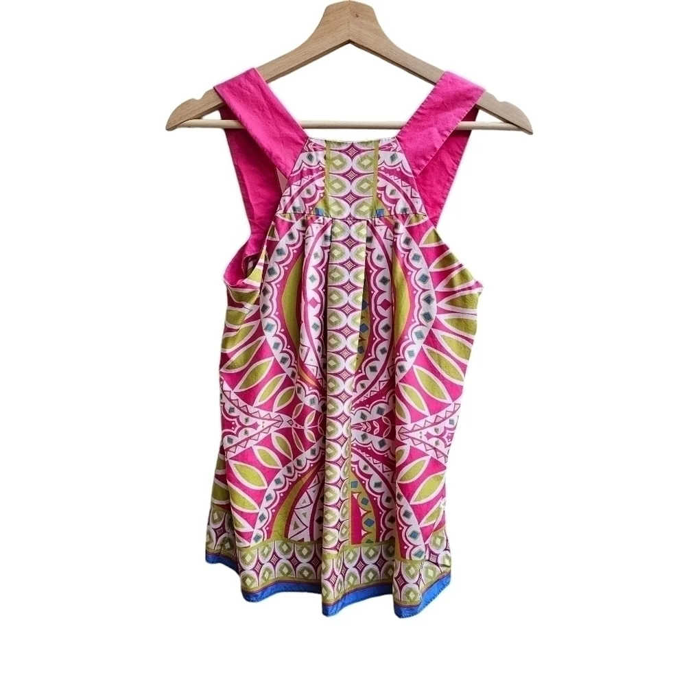 100% Silk Geometric Print Pink And Green Bib Front Banana Republic Top, Size XS - Picture 1 of 9